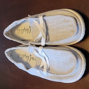 Womens gypsy jazz slip on shoes gray/blue white laces and bottoms size 9
